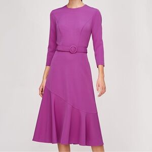 Kay Unger Polly Pink Midi Dress Belted Long Sleeve Cerise Size 6 NWT